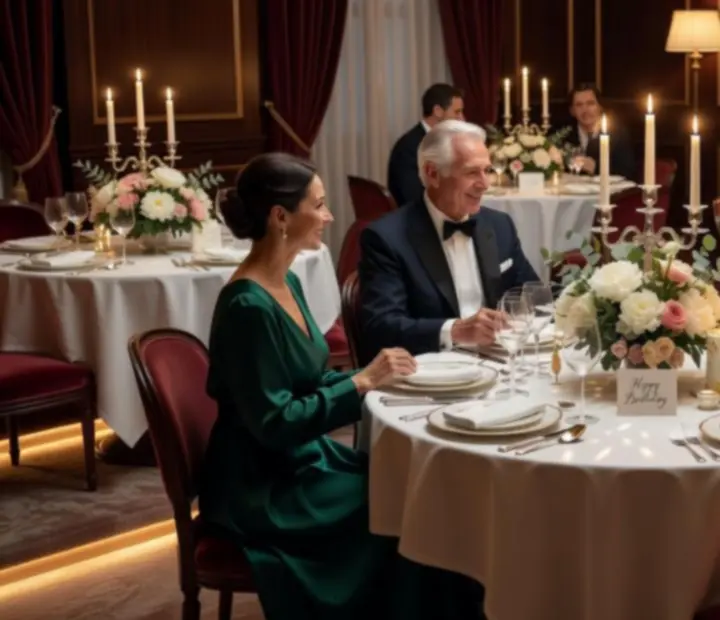 Elegantní večerní narozeninová tabule v luxusní restauraci