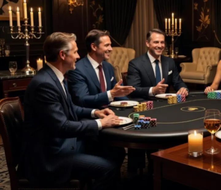 Cinematická fotografie firemní akce s elegantní výzdobou, servisem a pokerovými stoly s hosty