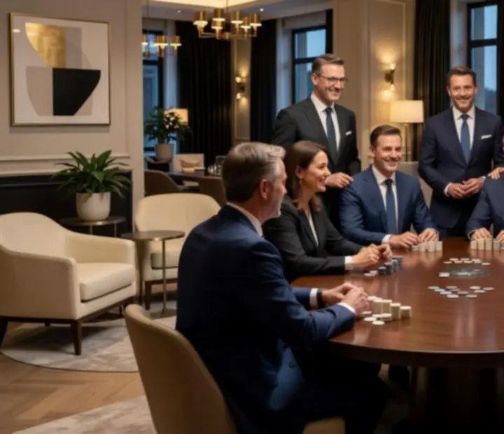 Elegantní firemní večer s pokerovými stoly v luxusní restauraci