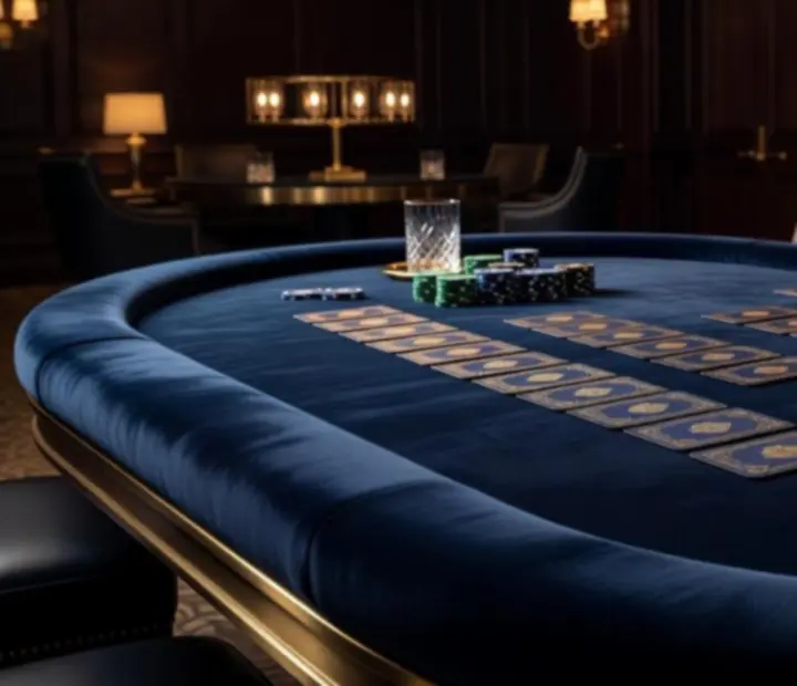 Designový pokerový stůl s luxusním povrchem, kvalitními kartami a symbolickými žetony připravený pro společenský večer