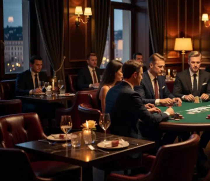 Elegantní restaurace připravená na pokerový večer se společenskou atmosférou