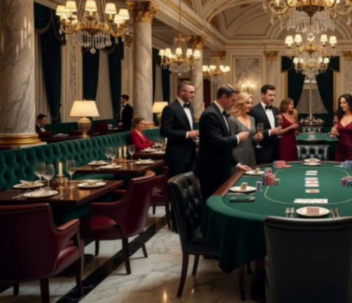 Luxusní interiér restaurace s ambientním nasvícením a společenskou atmosférou