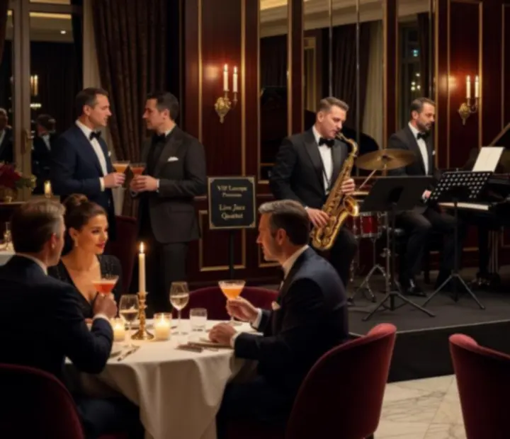 Živá hudba během VIP večera v elegantní restauraci se svíčkami a hosty u slavnostně prostřených stolů