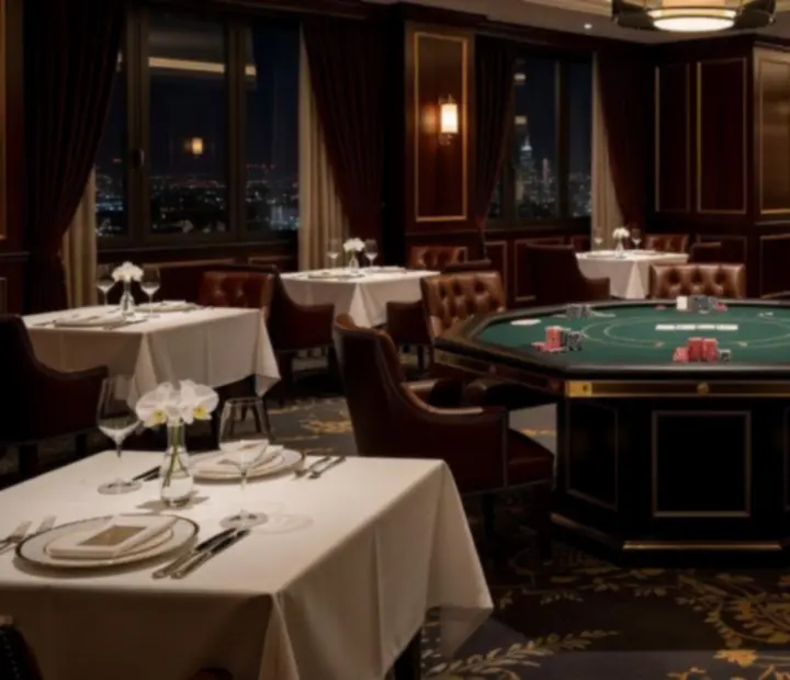 Elegantně nasvícený stůl v restauraci připravený pro pokerový večer se symbolickými žetony