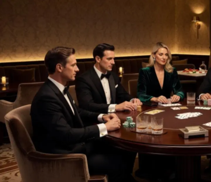 Luxusní VIP pokerový večer v elegantní restauraci se stylovým nasvícením a hosty u designového pokerového stolu